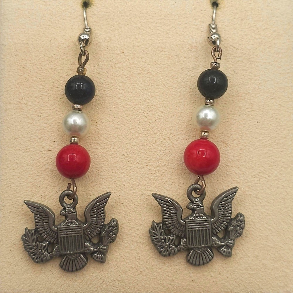 Military Eagle Dangle Earrings Red White Blue Patriotic USA Americana 2.25" Drop